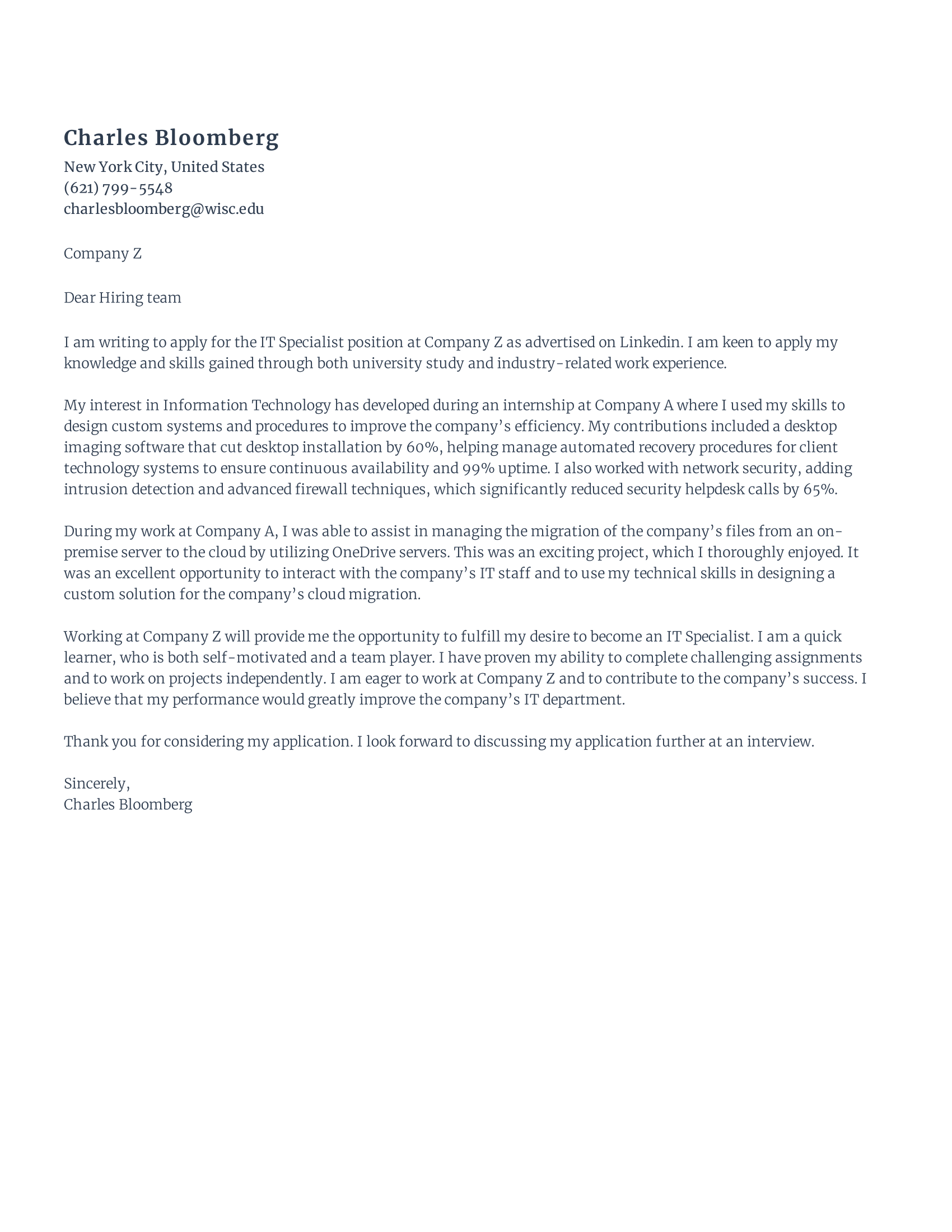 IT Cover Letter