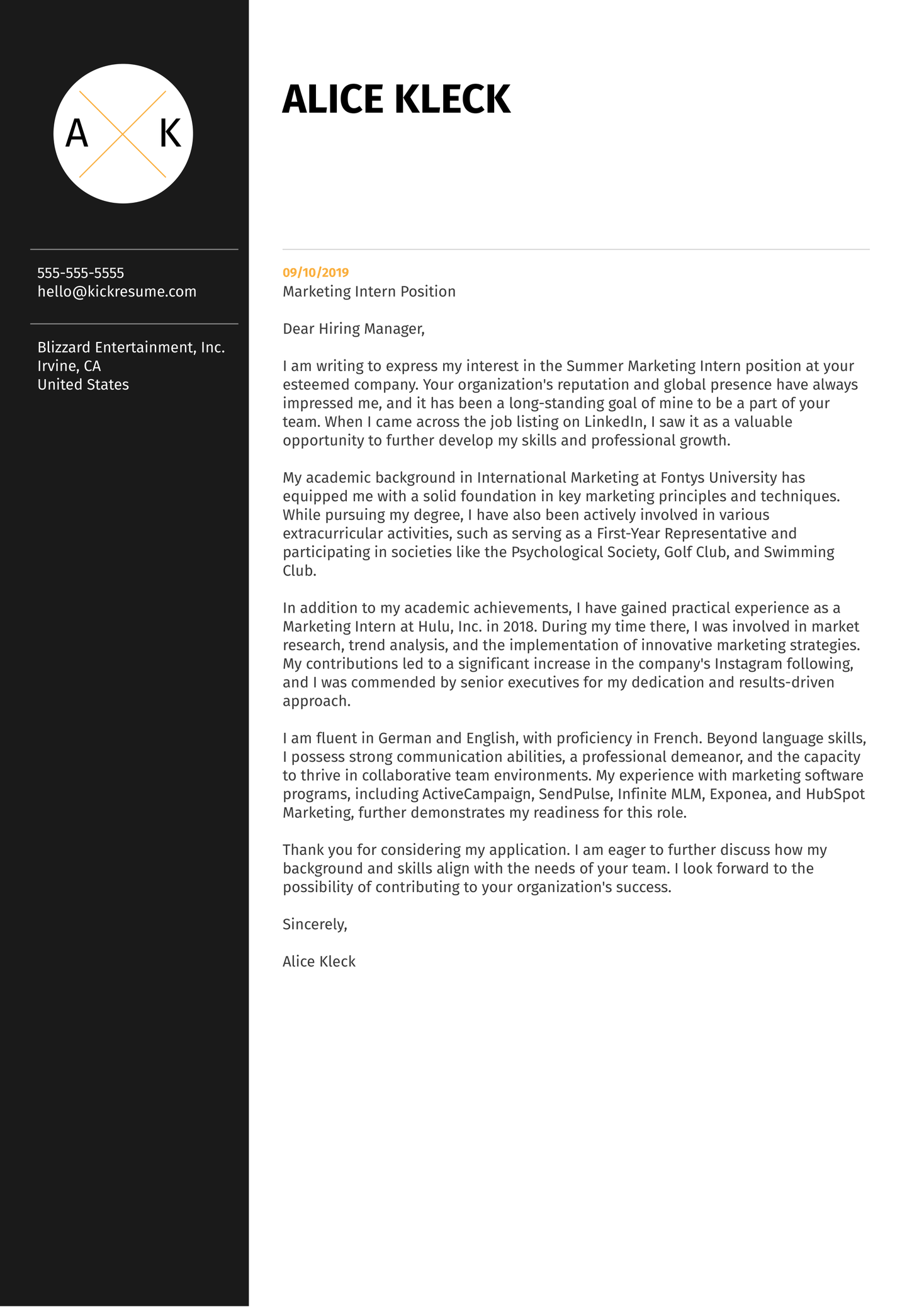 cover letter for internship